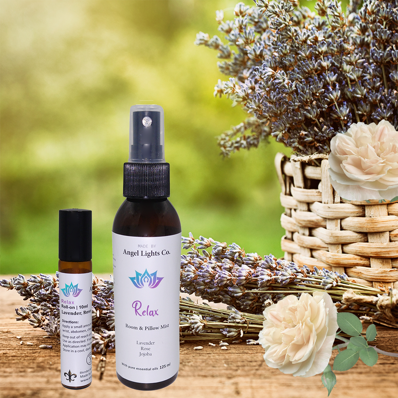 Relax 2 piece Lavender & Rose Pure Essential Oil Gift Set with background | Angel Lights Co.