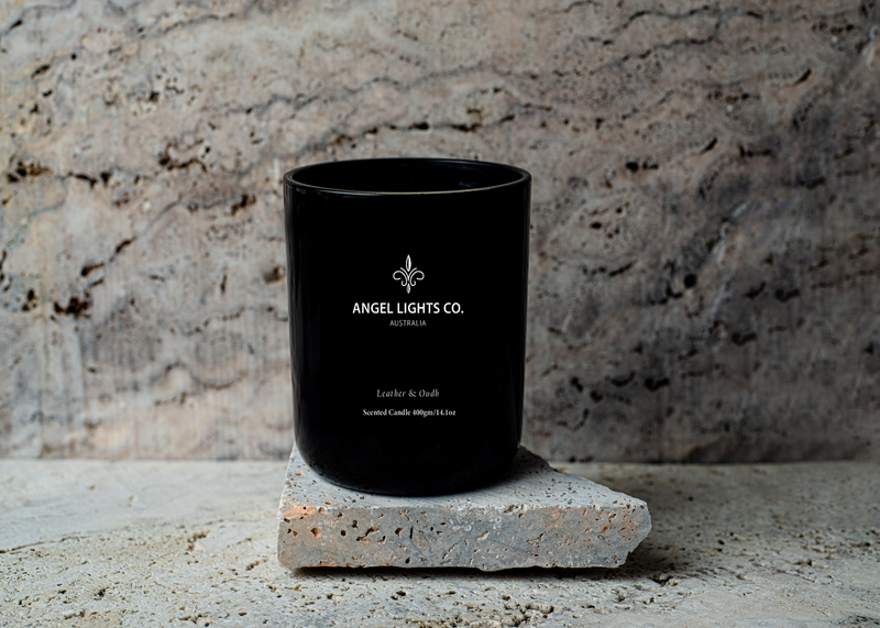 400gm Leather & Oudh Scented Soy Candle | Angel Lights Co.